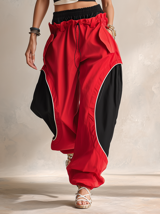 Dual-Waistband Red and Black Colorblock Baggy Cargo Pants