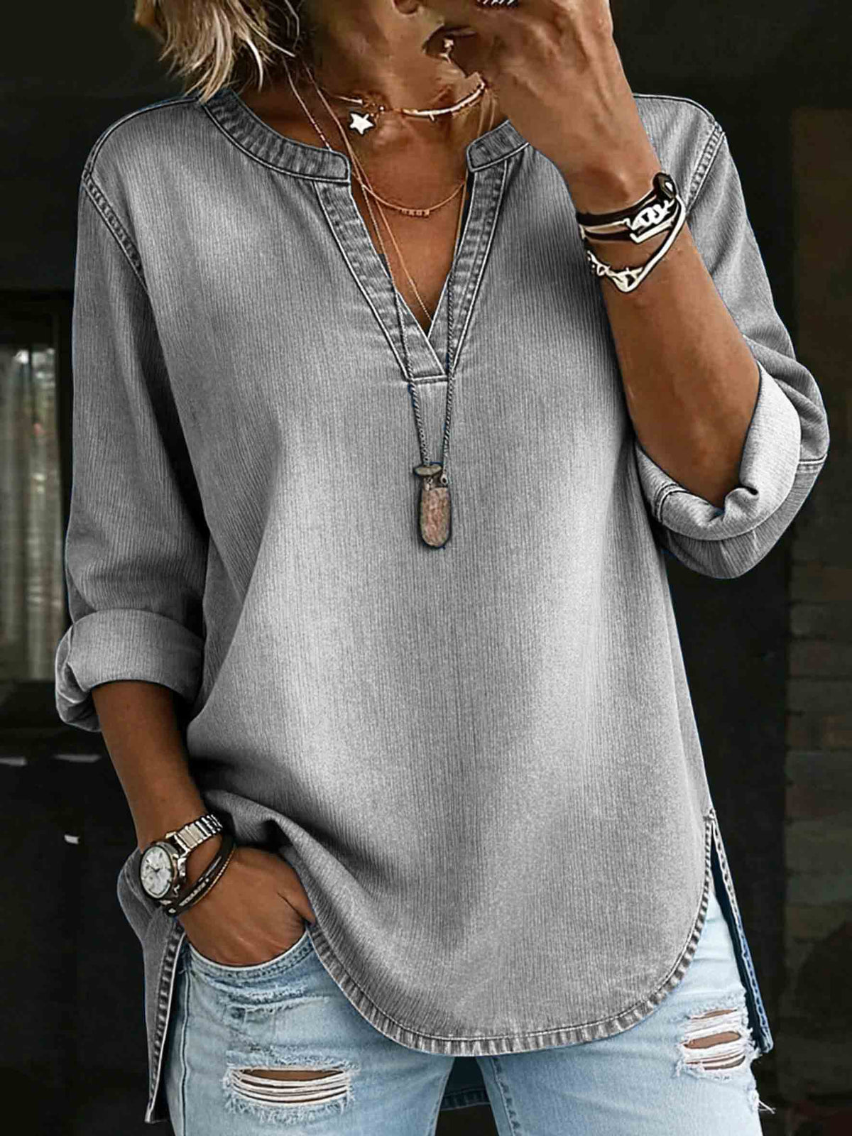 Denim V-Neck Henley Long-Sleeved Shirt