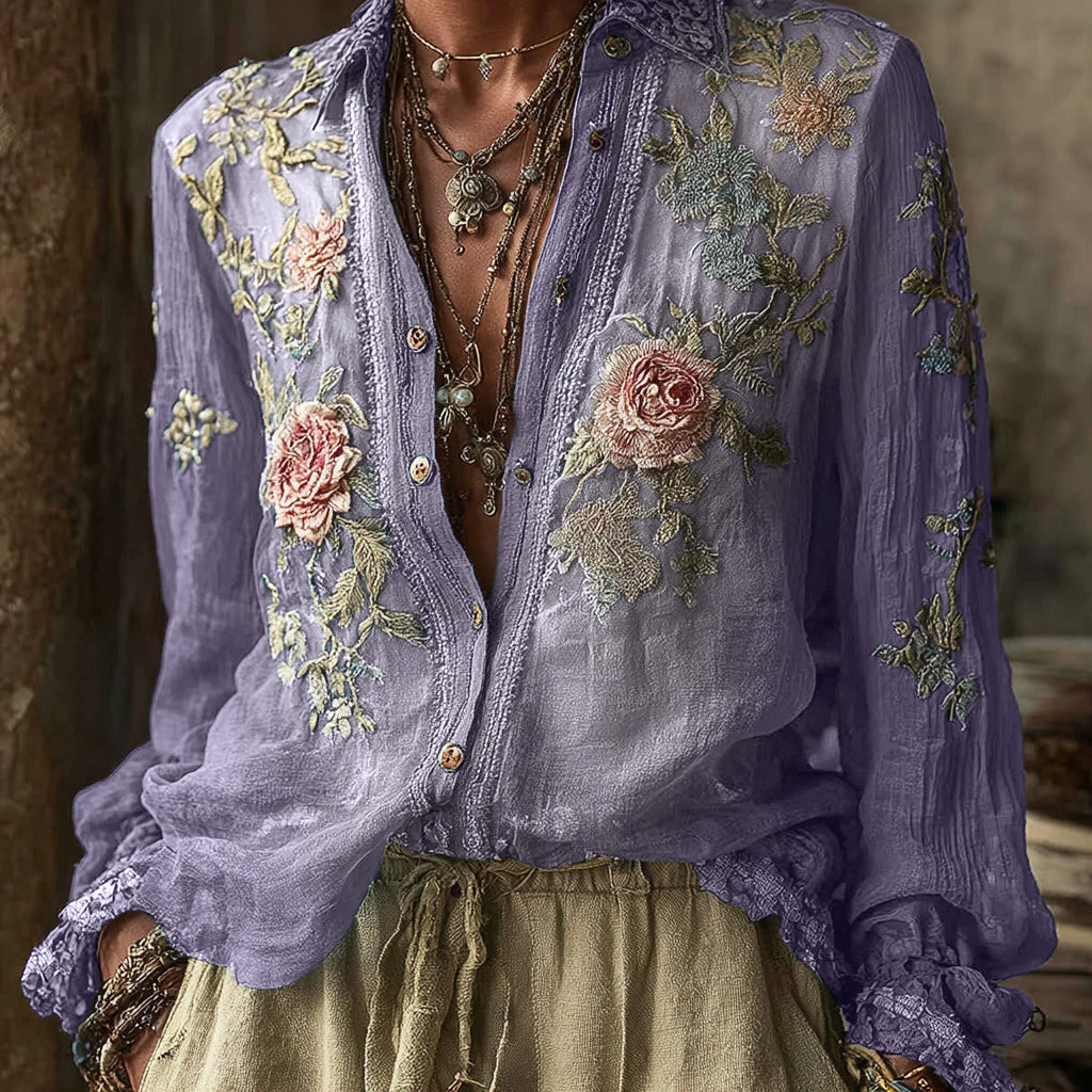 Vintage Bohemian Floral Pattern Linen Long-Sleeve Shirt