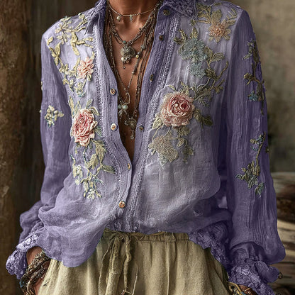 Vintage Bohemian Floral Pattern Linen Long-Sleeve Shirt
