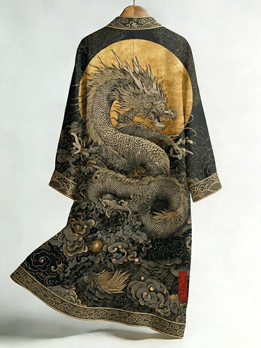 Men's Retro Japanese Dragon and Auspicious Cloud Print Linen Long Kimono