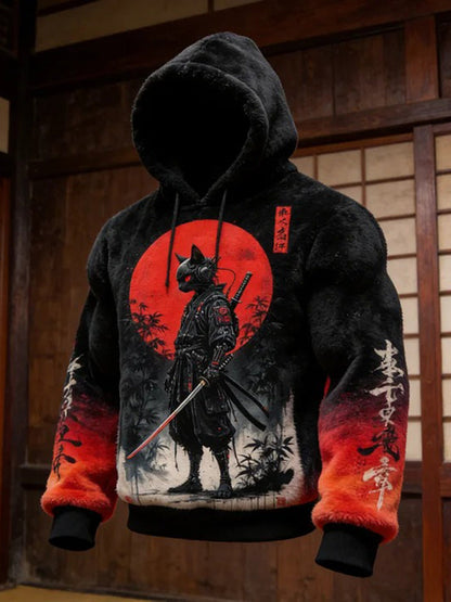 Men's Futuristic Sci-Fi Art Mechanical Cat Warrior Japanese Print Casual Flannel Hoodie