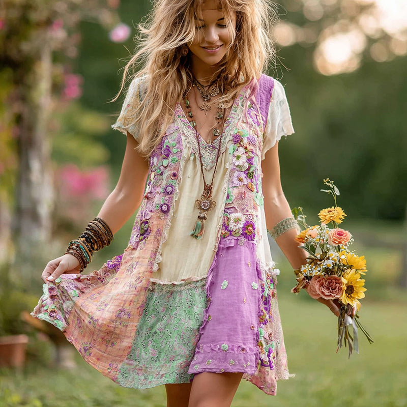 Retro Floral Splicing Cotton and Linen Short Dress