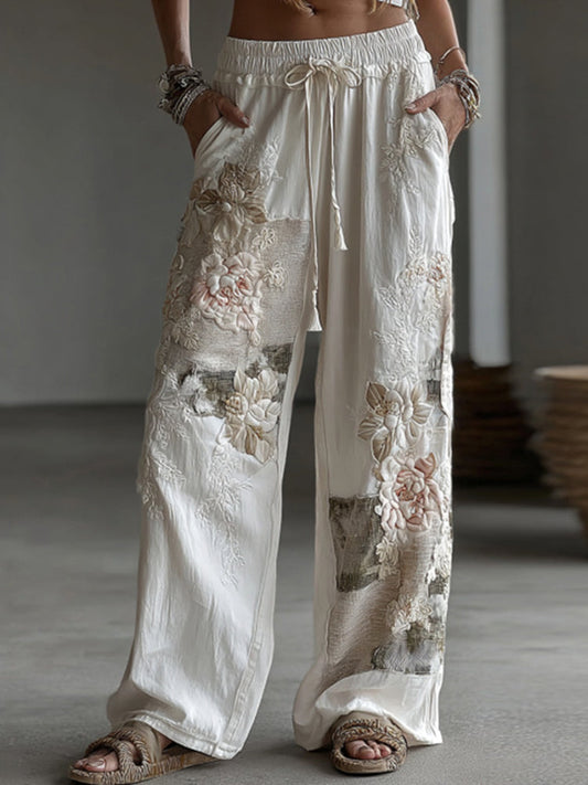Retro Floral Patchwork Art Casual Linen Pants