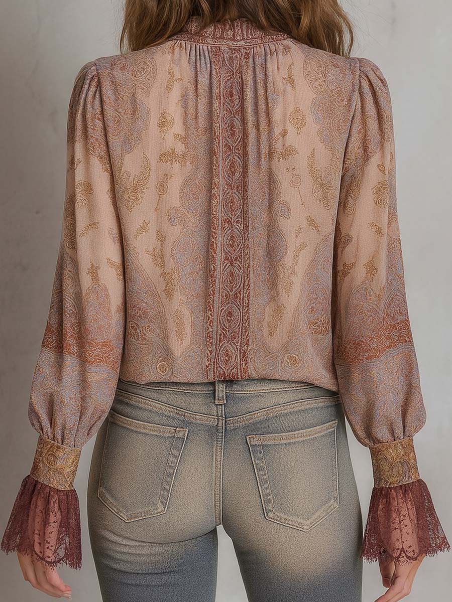 Boho Paisley Sheer Blouse with Lace Cuffs