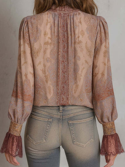 Boho Paisley Sheer Blouse with Lace Cuffs