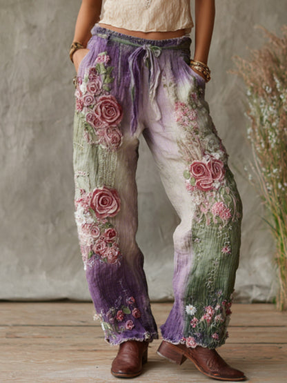 Love and Health Collection Retro Western Women Style Vintage Rose and Floral Patchwork Art Linen Pants