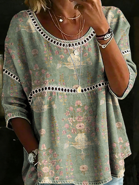 Vintage Flower Casual Loose Denim Blouse Shirt