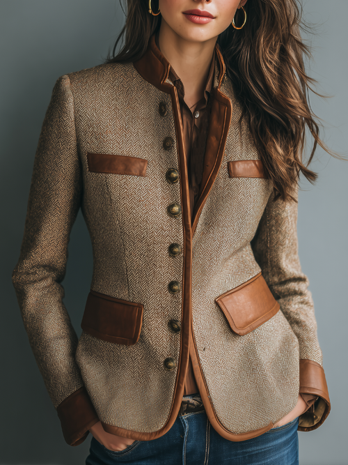 Vintage Eco-Leather Trim Pocket Tweed Jacket