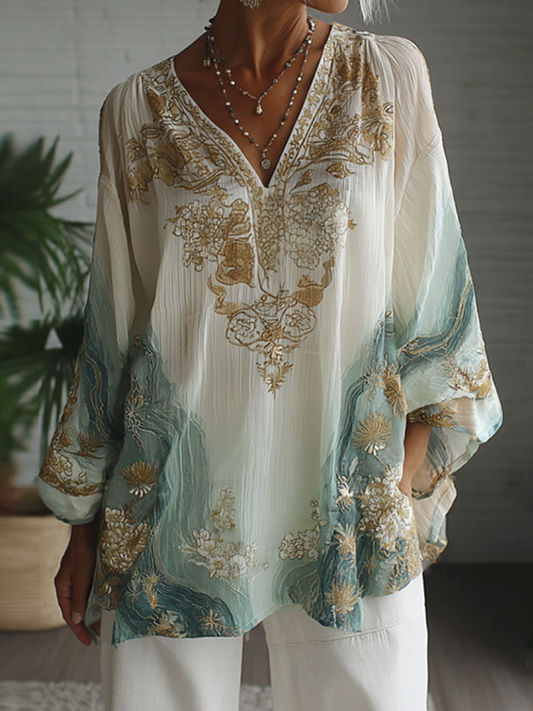 Vintage Marble Texture Collection Bohemia Women Style Gradient Gilded Pattern Linen Round Neck T-Shirt