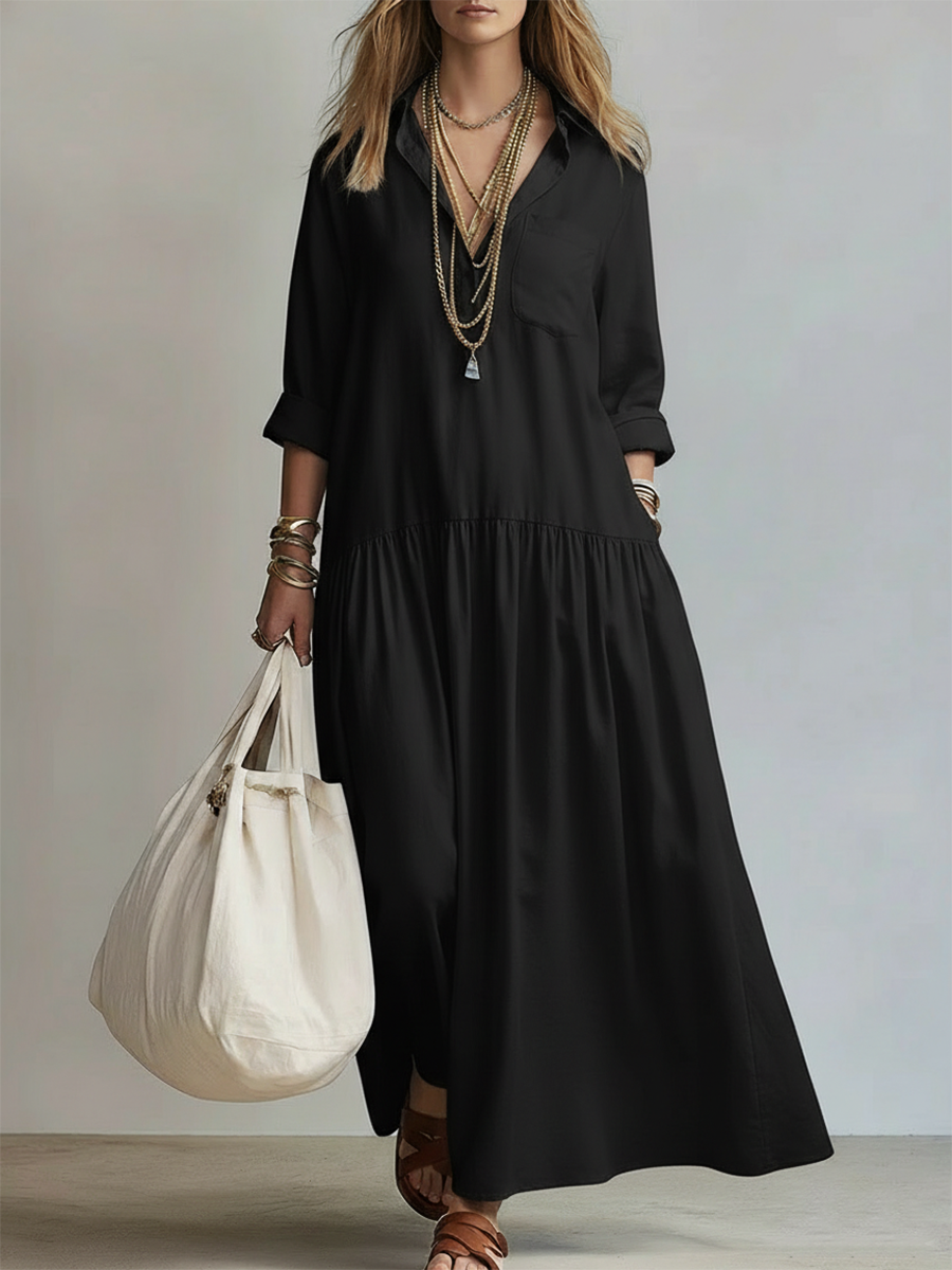 Cozy Shirt Collar Solid-Color Linen-Cotton Dress