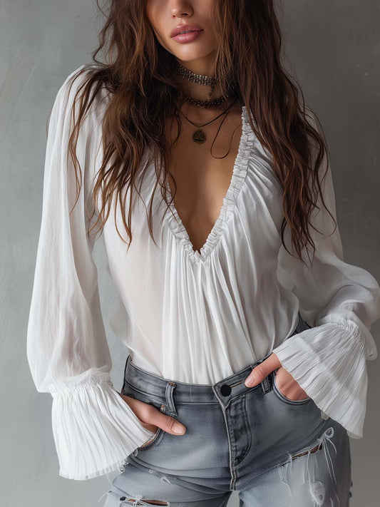 Vintage-Style Pleated Ruffle Cuff Chiffon Blouse