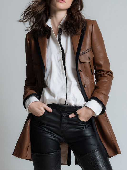 Retro Color-Blocked Flap Pocket Faux Leather Blazer