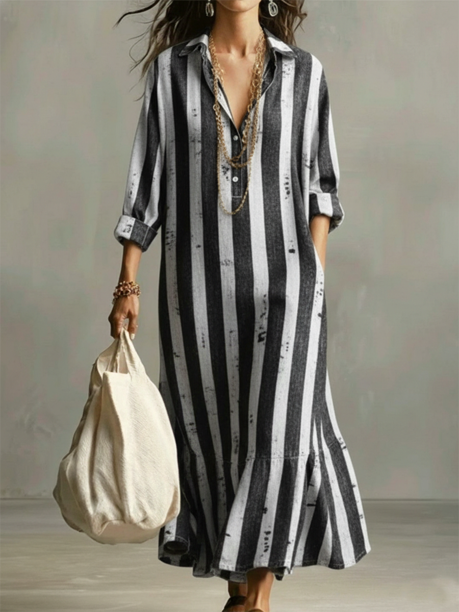 Retro Striped Ruffled Hem Dress