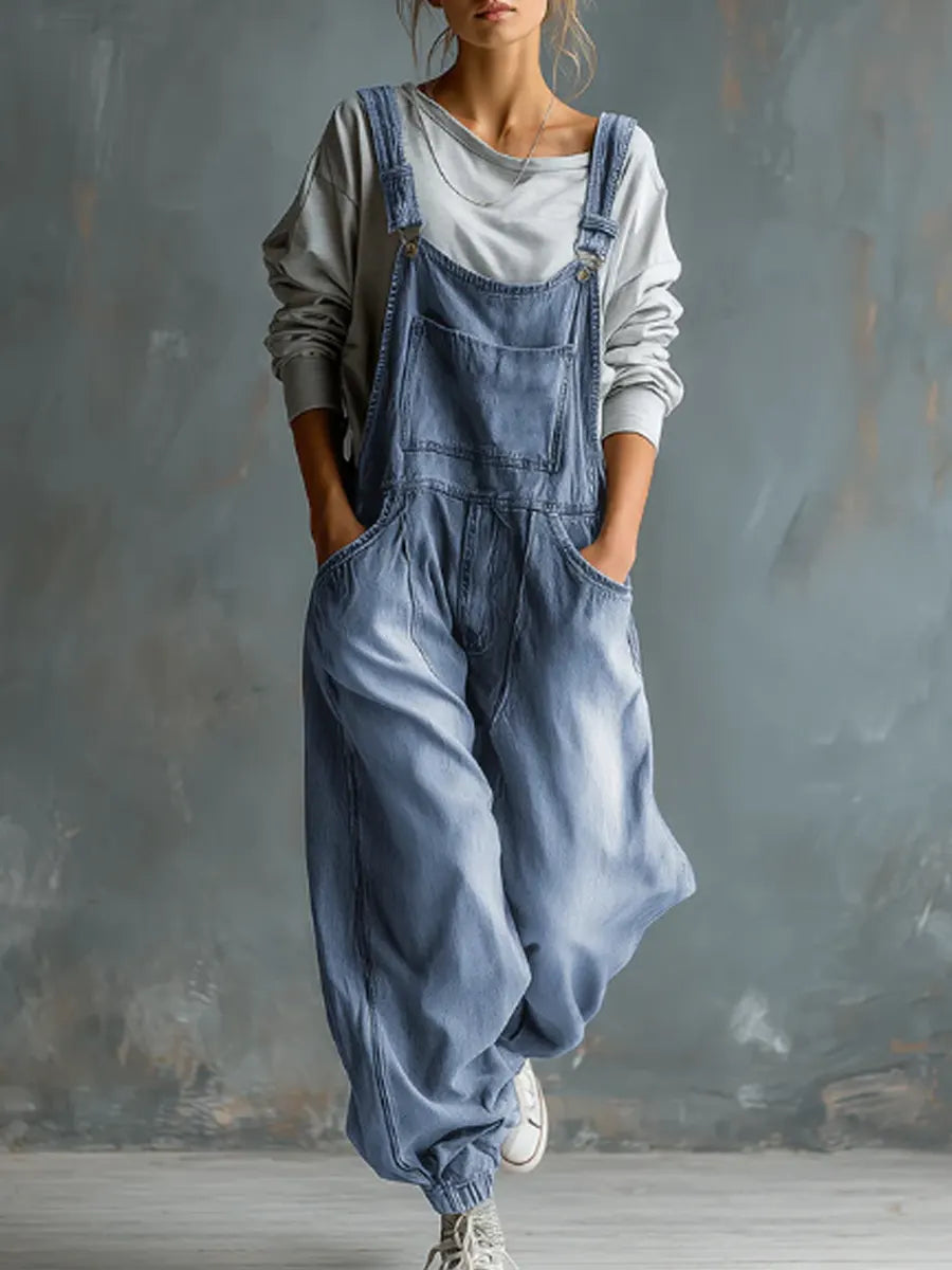 Solid Color Art Casual Denim Jumpsuit