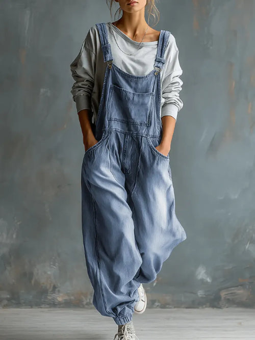 Solid Color Art Casual Denim Jumpsuit