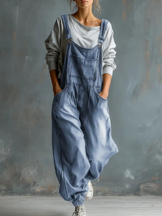 Solid Color Art Casual Denim Jumpsuit