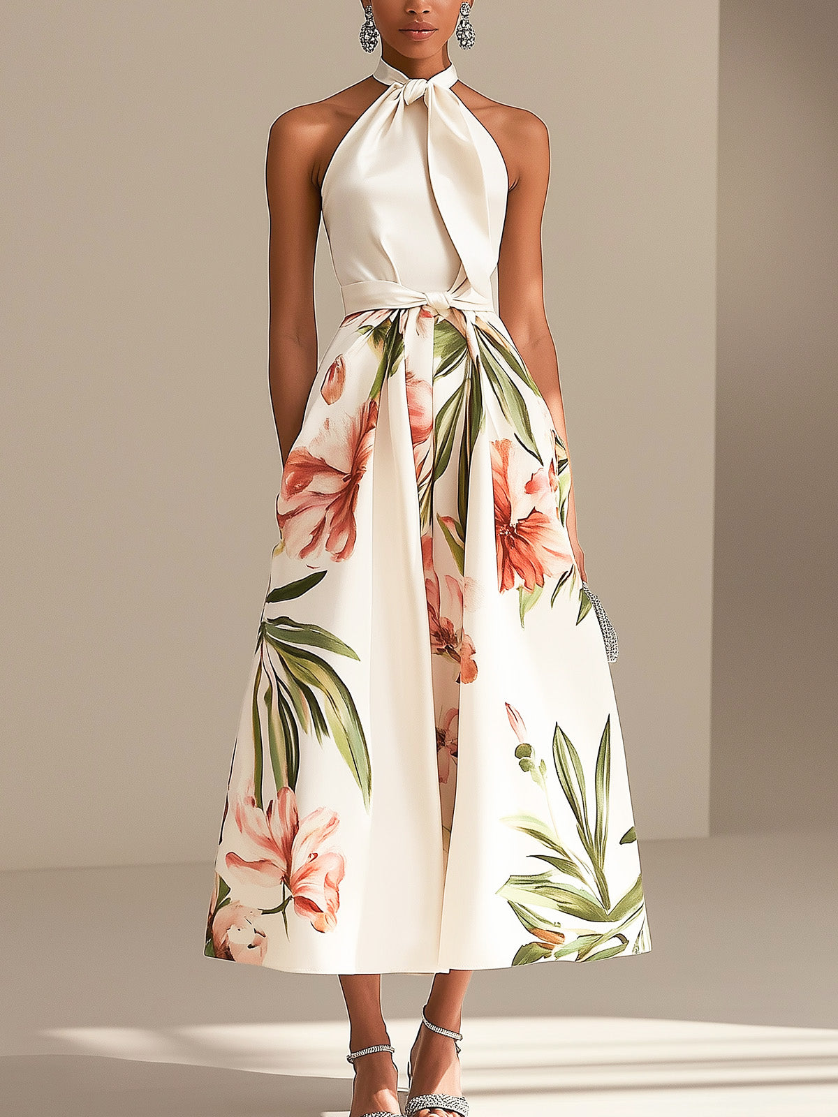 Chic Halter Neck Floral Midi Dress in Ivory Satin