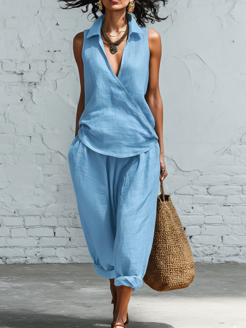 Minimalist Collared Shirt and Wide-Leg Pant Linen Two-Piece Set