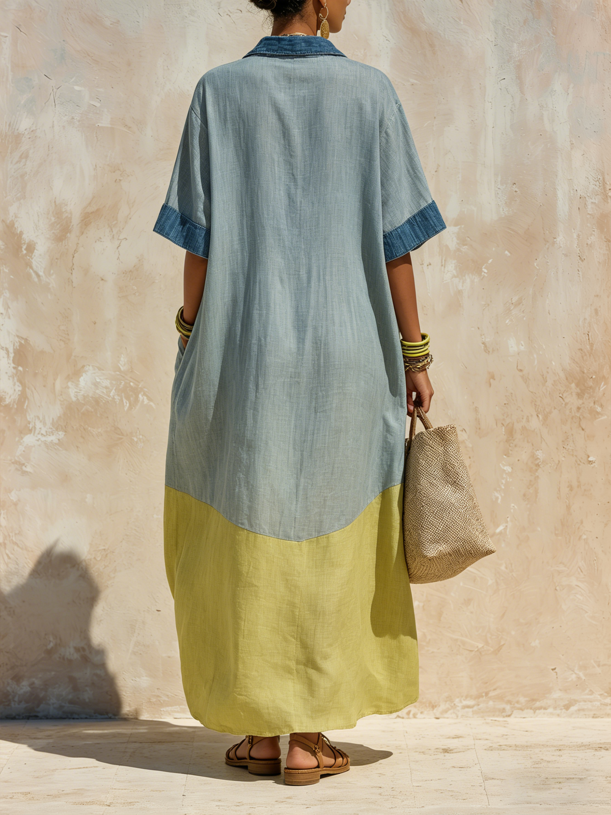Oversized Denim Linen Maxi Dress with Breathable Two-Tone Casual Cover-Up