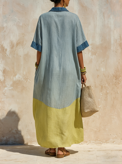 Oversized Denim Linen Maxi Dress with Breathable Two-Tone Casual Cover-Up