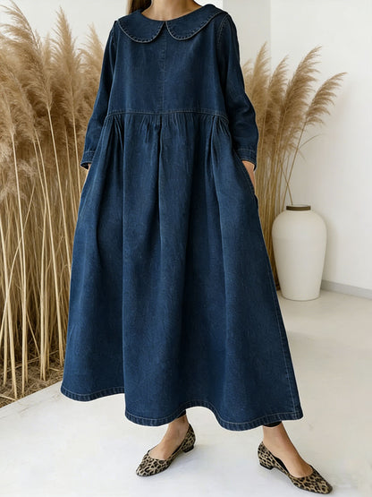 Peter Pan Collar Long-Sleeved Loose-Fitting Casual Denim Dress