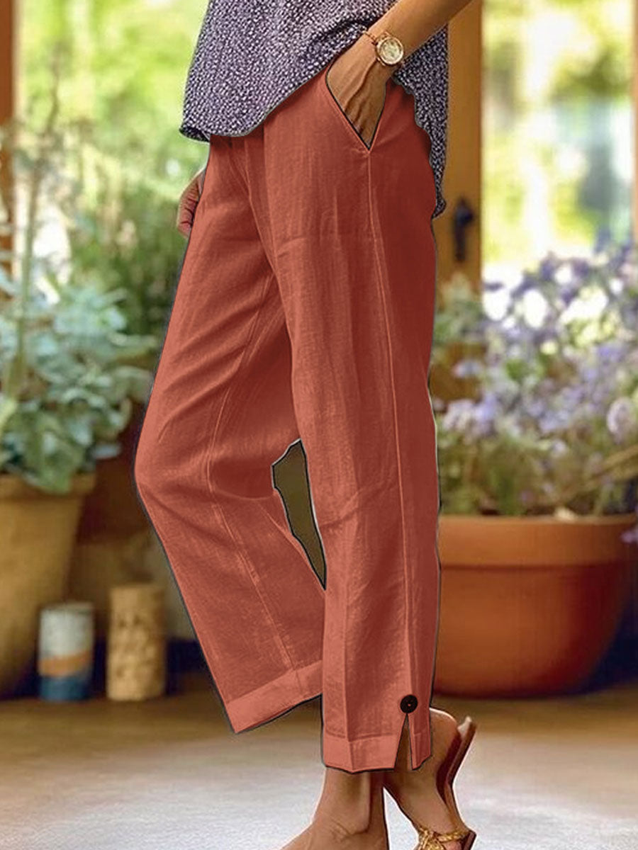 Cotton-Linen Solid Color Elastic Waist Pockets Straight Leg Loose-Fit Casual Trousers