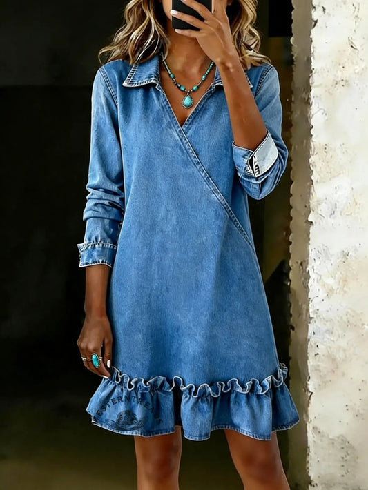 Vintage V-Neck Ruffle Hem Long-Sleeve Denim Dress