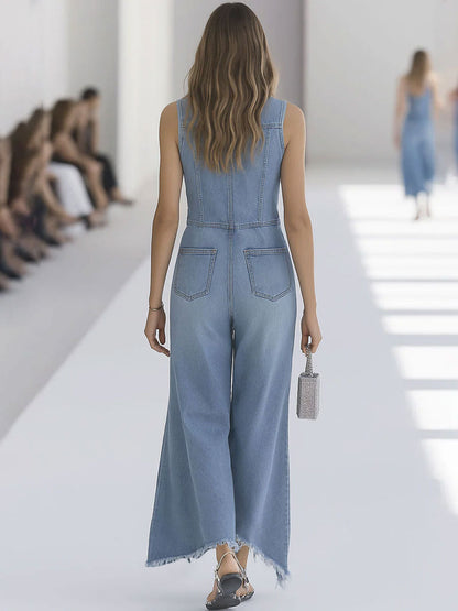 Western Retro Light Blue Denim Sleeveless Raw Edge Wide-Leg Zipper Jumpsuit