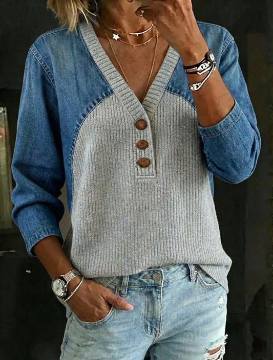 Retro Casual Denim and Cotton Knit Sweater