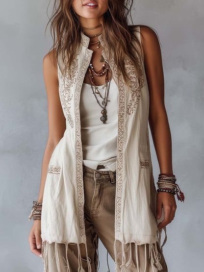 Retro Embroidered Tassel Hem Cotton Linen Mid-Length Vest