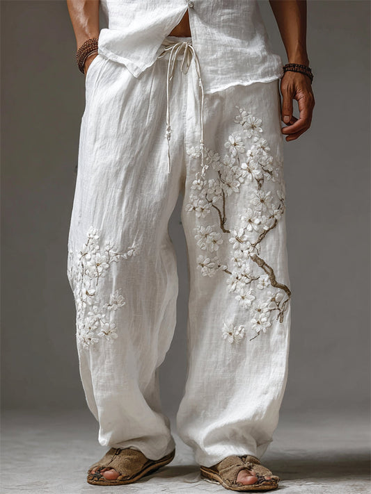 Men's Japanese Almond Blossom Flowy Linen Wide-Leg Pants