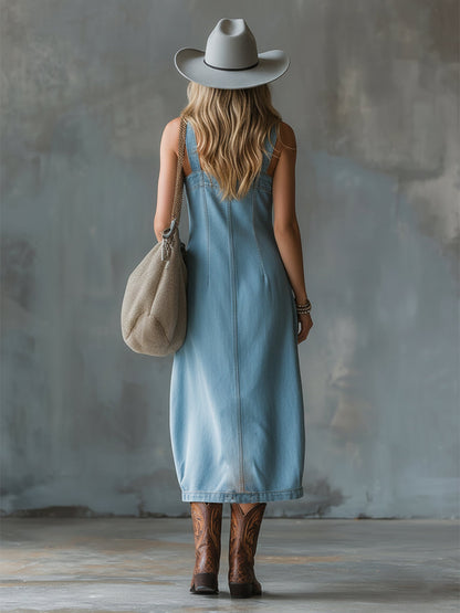 Vintage Elegant Suspender Blue Denim Front Button Square Neck Sleeveless Midi Dress