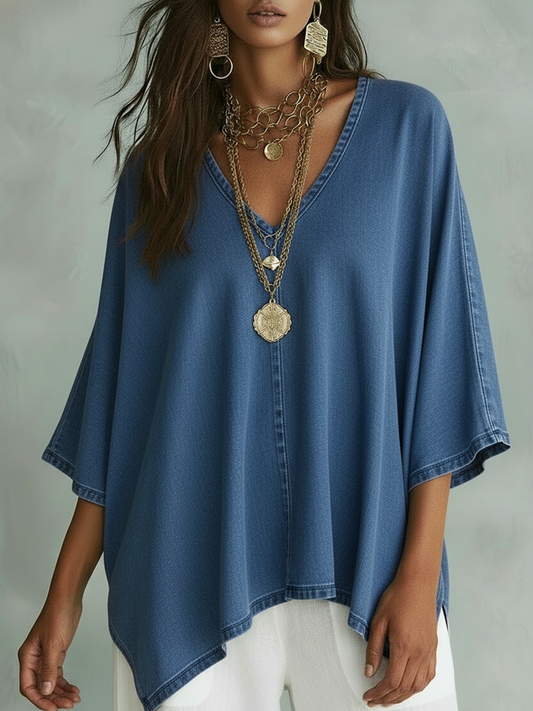 Cozy V-Neck Loose-Fitting Denim Shirt Top