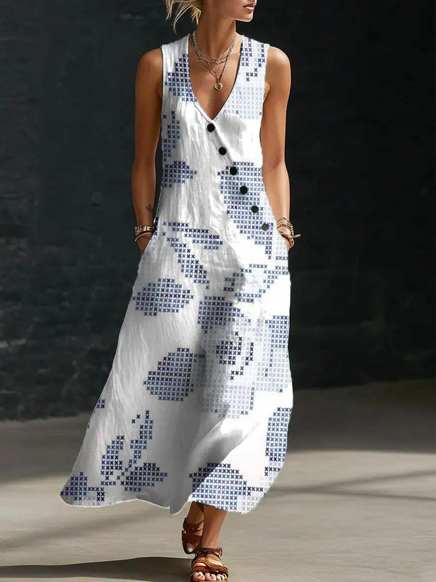 Floral Pattern Art Print Casual Cotton Linen Dress