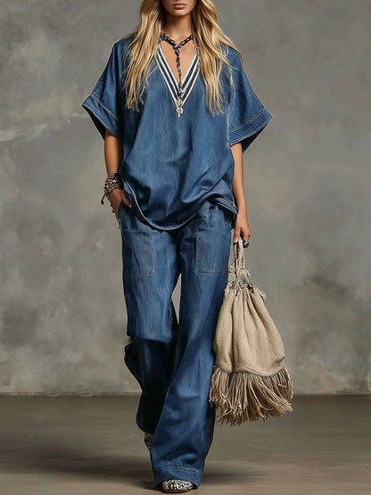 V-Neck Short-Sleeved Casual Loose Top and High-Waisted Casual Loose Wide-Leg Denim Pants Set