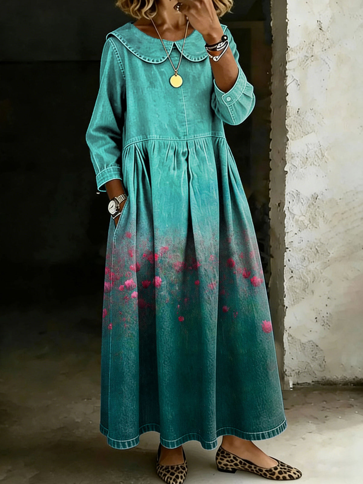 Vintage Flower Peter Pan Collar Long-Sleeved Casual Loose Denim Dress