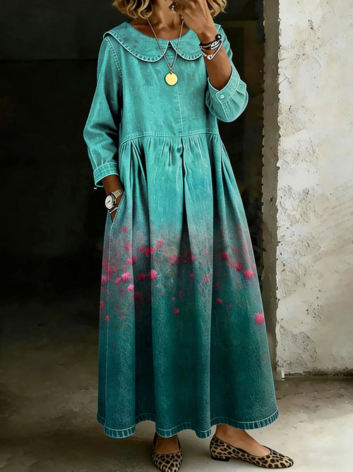 Vintage Flower Peter Pan Collar Long-Sleeved Casual Loose Denim Dress
