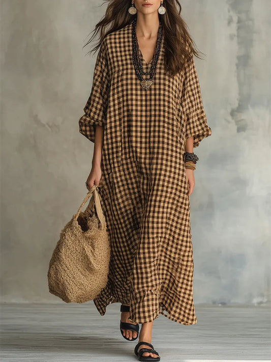 Retro Plaid Art Casual Stylish Cotton Linen Maxi Dress