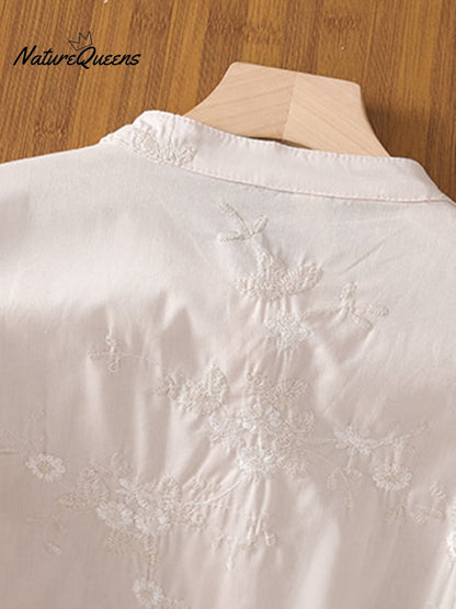 Art Retro Embroidery 3/4-Sleeve Patchwork Shirt