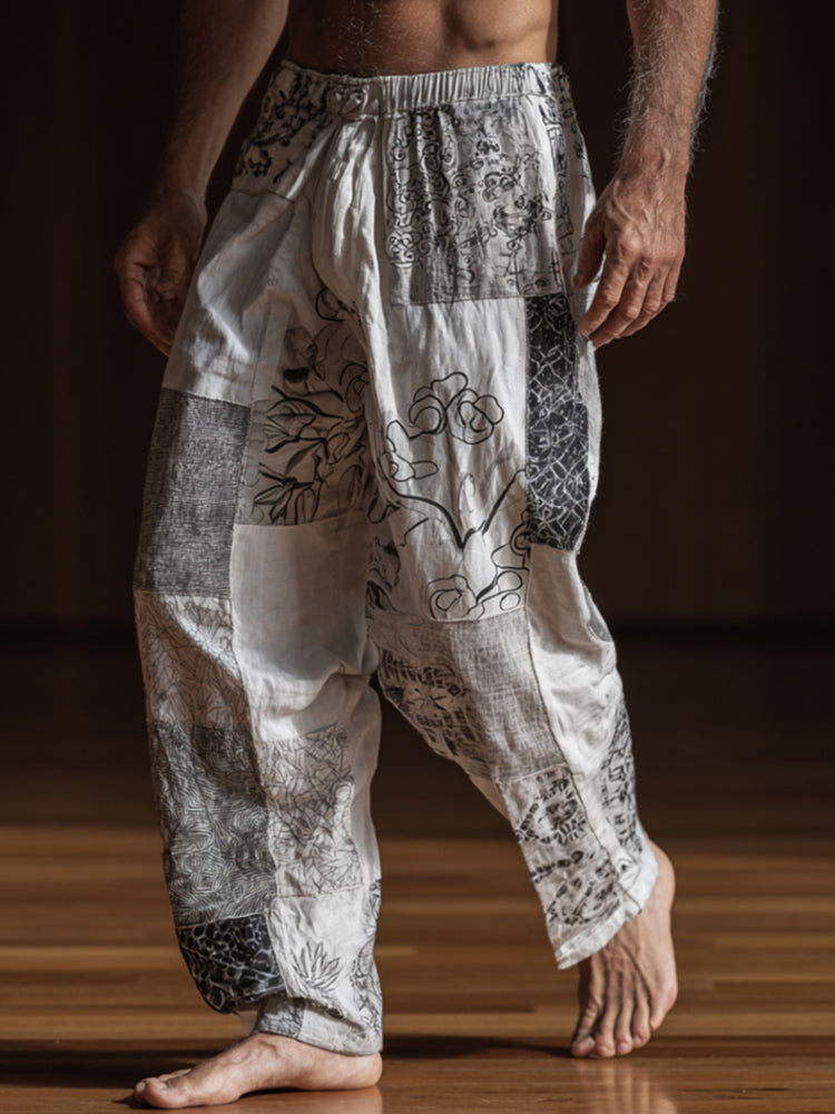 Japanese Style Patchwork Plant Print Casual Black and White Cotton Linen Casual Trousers