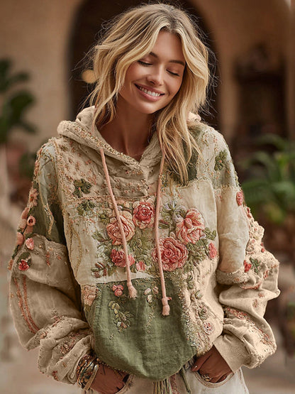 Rose Embroidery Patchwork Art Hooded Sweatshirt