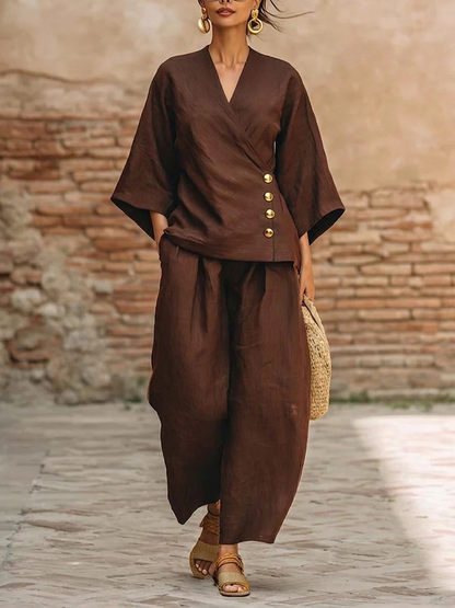 Minimalist and Elegant Metal Buttons Cotton-Linen Two-Piece Set