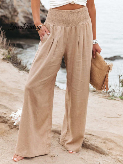 Cotton and Linen Waist-Waisted Wide-Leg Pants