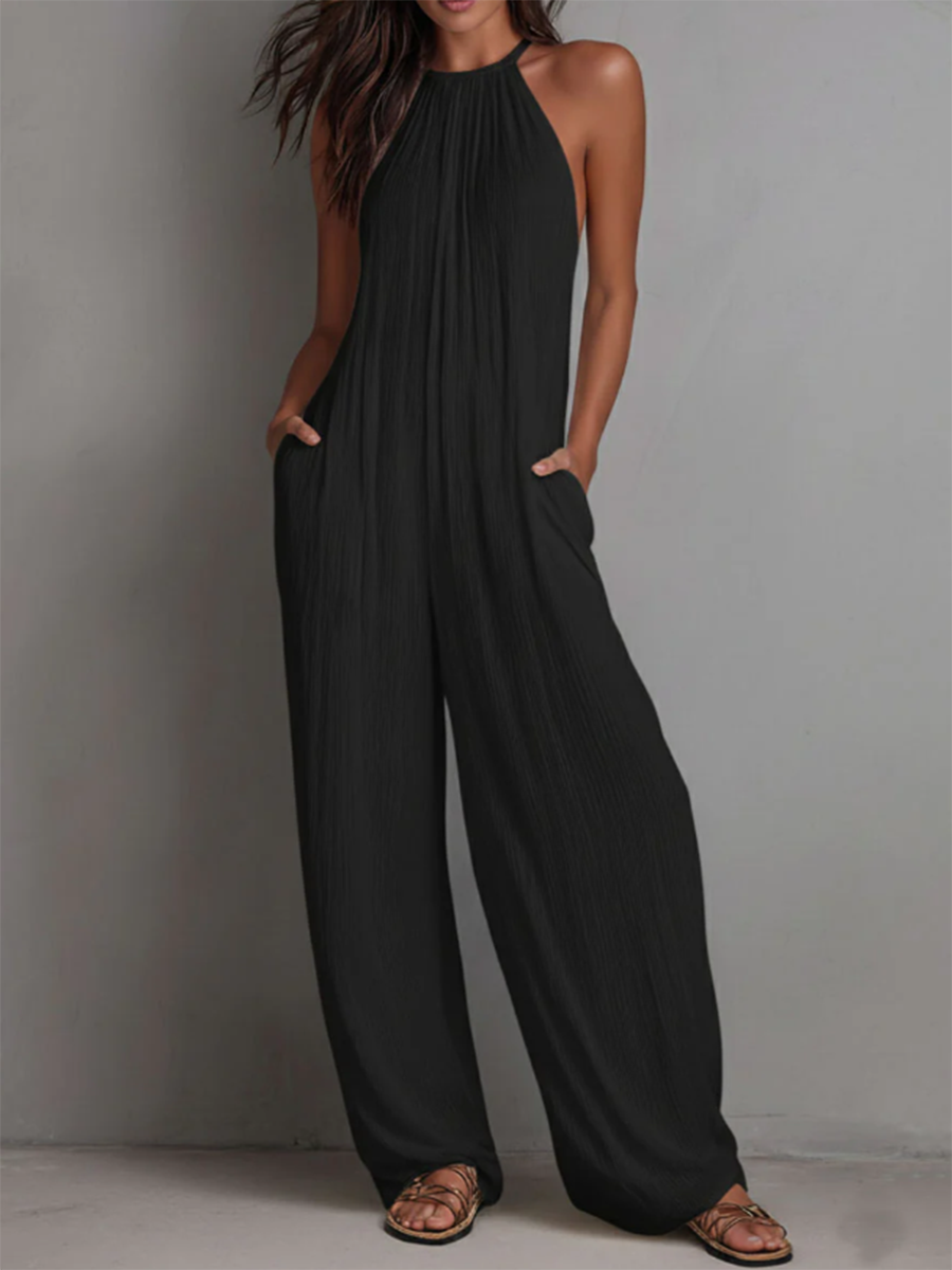 Minimalist Halter-Neck Loose Cotton-Linen Jumpsuit