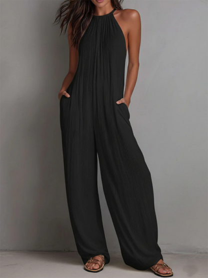 Minimalist Halter-Neck Loose Cotton-Linen Jumpsuit