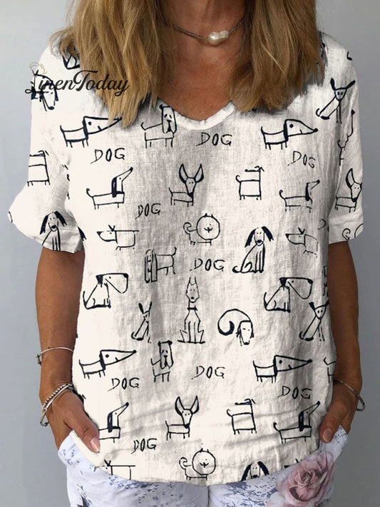 Cute Dog Print Casual Cotton and Linen Shirt