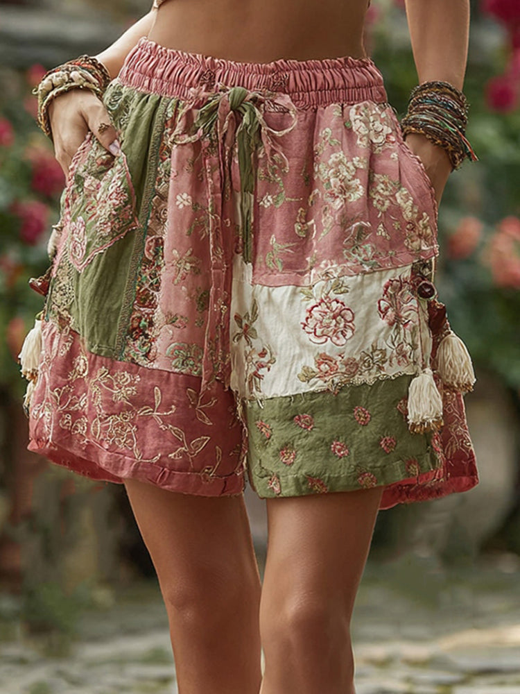 Retro Rose and Floral Patchwork Art Linen Drawstring Shorts