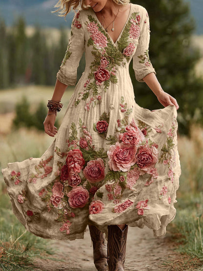 Vintage Rose Floral Art V-Neck Linen Blend Comfy Maxi Dress