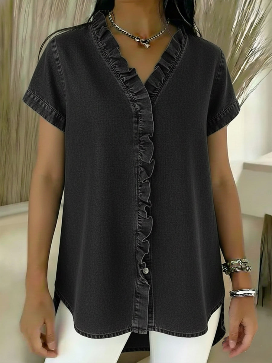 Casual Short-Sleeved Denim Shirt with Ruffled Details